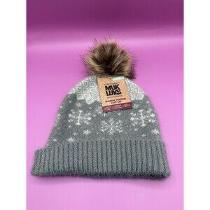 MUK LUKS Womens Thermal Cuff Cap Faux Fur Pom Winter Hat Knit Snowflakes NEW NWT